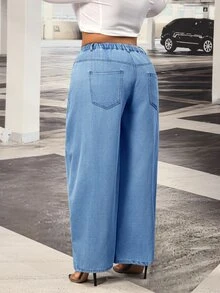 Slaydiva Jeans Plus Pinggang Tinggi Kaki Lebar - Biru - View 2