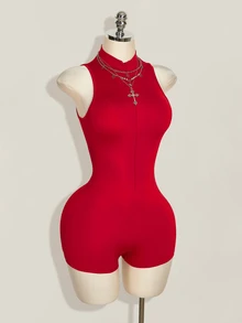 SHEIN ICON 女款後背拼接中國龍網紗背心連身褲 - 紅色 - 查看 4
