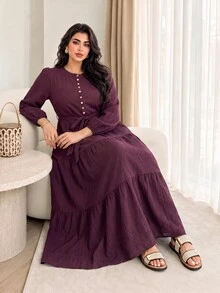 Solavon Plus Size Round Neck Long Sleeve Button Thin Strap Solid Color Dress - Burgundy - View 2