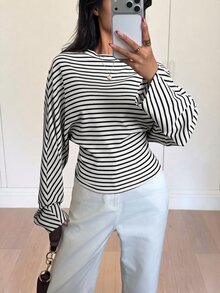 SHEIN 青少年女孩圓領黑白休閒街頭風寬鬆長袖T恤，適合學校六年級秋季穿著 - 黑與白 - 查看 3