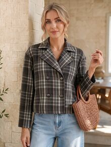 EMERY ROSE Women's Plaid Casual Versatile Daily Office Outing Overcoat Grey Plaid Autumn Winter Coat - Multicolor - View 1