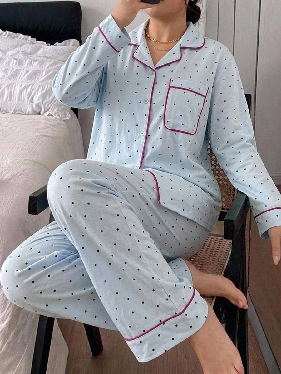 Dazy Plus 女款大尺碼波點拼色長袖上衣與長褲2件式睡衣套裝 - 藍色 - 查看 1