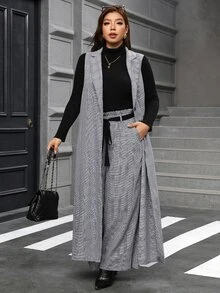 Chikora Setelan Jas Wanita Ukuran Besar Motif Kotak-kotak Kerah Panjang Rompi dan Celana Panjang Lebar untuk Kantor Formal Abu-abu Musim Gugur Elegan Bisnis Kasual - MultiWarna - View 6
