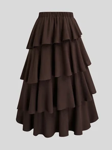 Sweetra CURVE Plus Size Multi-Layer Asymmetrical Cake Skirt High Waist Mid-Length Ruffle Hem Women Brown Summer Thanksgiving Date Night 1950s Vintage Elegant - Brown - View 2