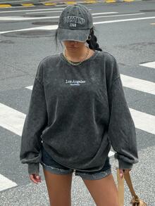SHEIN CURVE+ Women's New Distressed Snow-Washed Round Neck Long Sleeve Letter Print Casual Black T-Shirt Fall - Black - View 2