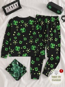 青少年男孩秋/冬酷炫遊戲世界馬賽克方塊印花緊身高彈力圓領長袖長褲兩件套居家服，貼身剪裁，建議加大一號，1套 - 彩色 - 查看 3