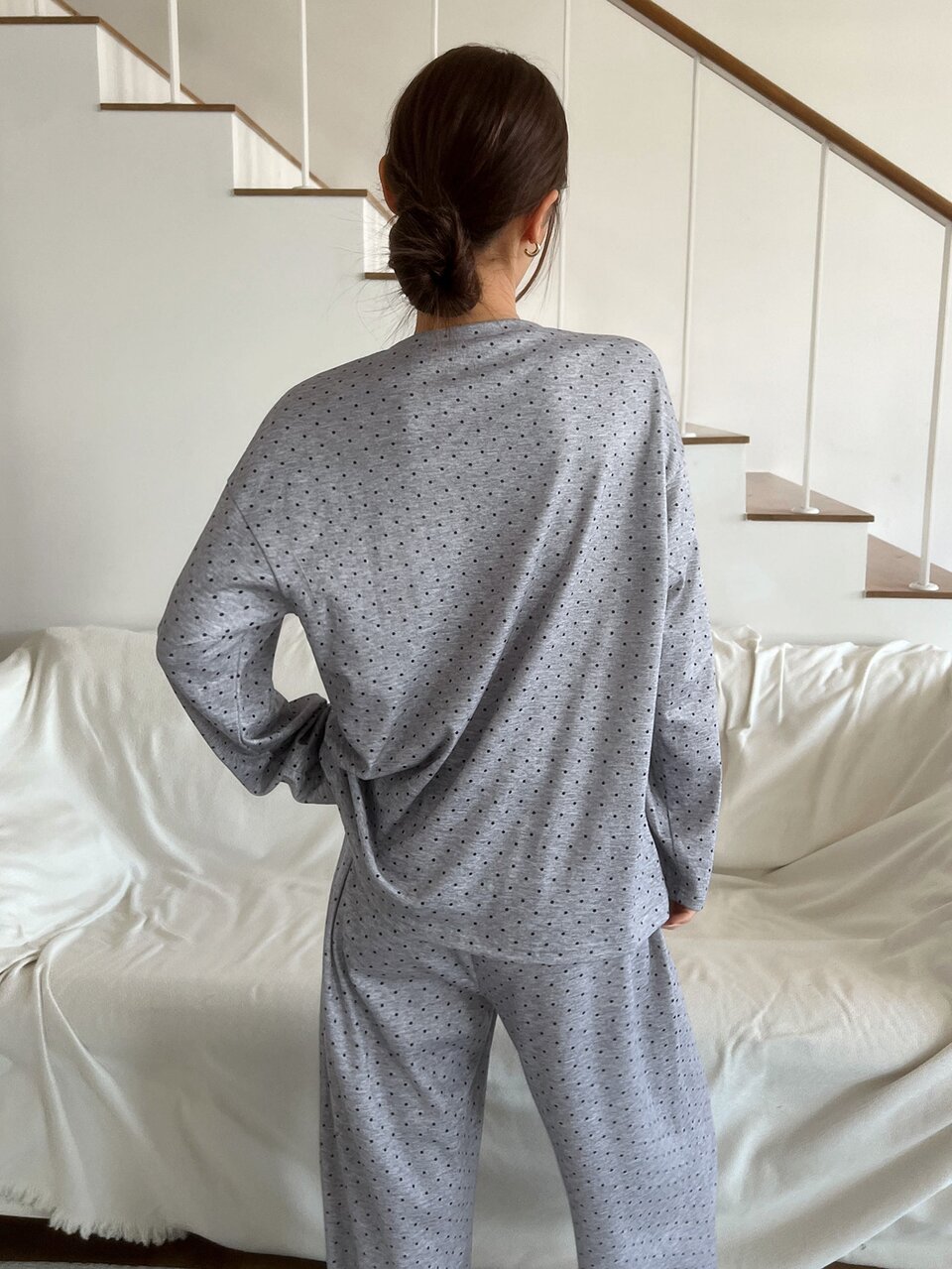 Grey Small Polka Dot Cute Cow Cat Print Round Neck Long Sleeve Lace Trim Wide Leg Pants Pajama 2 Pieces Set Women's Sleepwear