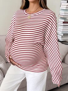 SHEIN 孕婦條紋印花蝙蝠袖T恤 - 紅色 - 查看 3