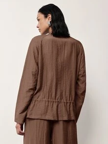 MERLEAU Women's Streetwear Button Zip Drawstring Long Sleeve Jacket - Brown - View 2
