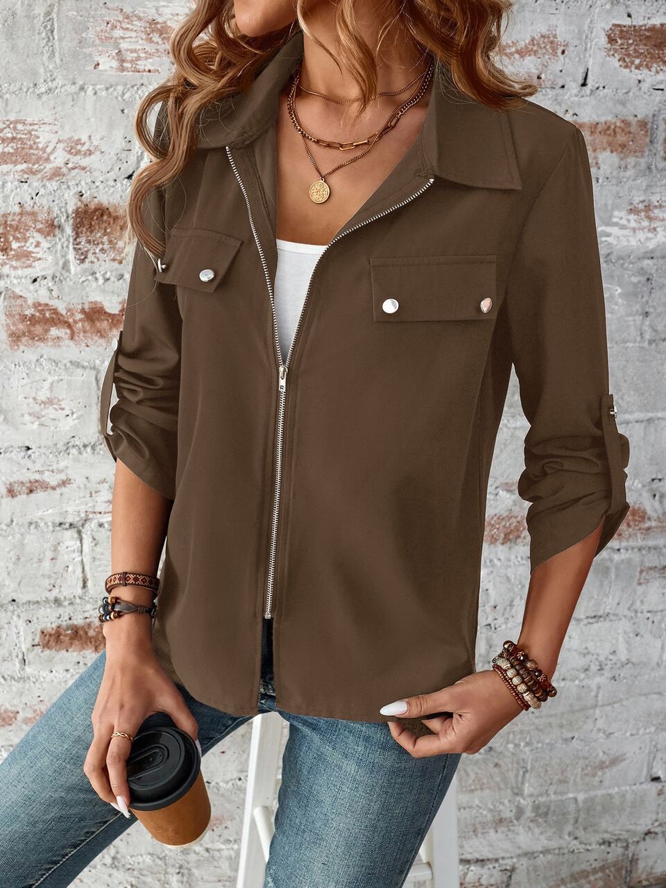 Plus Roll Tab Sleeve Flap Detail Shirt Autumn Clothes For Women Winter Clothes Fall Winter 2026