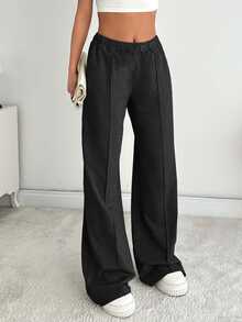 SHEIN Women Solid Color Mid Waist Straight Sweatpants - Black - View 6