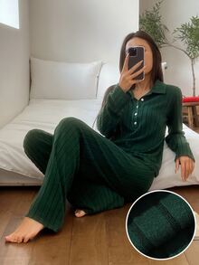 DAZY Women's Solid Color Long Sleeve Top And Pants Casual Daily Home Sleepwear Set - Coffee Brown - View 4