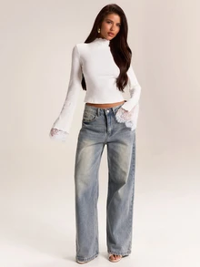 SHEIN BAE Autumn/Winter Solid White Mock Neck Long Sleeve Ribbed Knit Cuff Contrast Lace Women's Top, Practical Base Layer - White - View 4