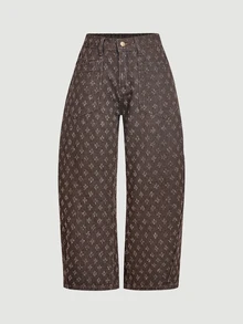 SHEIN PETITE 女款時尚提花鈕扣口袋牛仔短褲 - 咖啡棕 - 查看 9