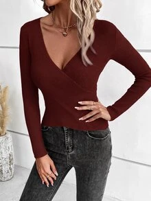SHEIN Clasi V-Neck Crossed Wrap Solid Color Long Sleeve Sweater In Fall/Winter - Burgundy - View 3