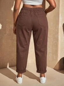 Slaydiva Plus Size Women Solid Color Fashion Casual Versatile Jeans - Coffee Brown - View 2