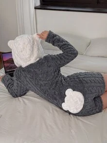 Dream Adore Bear Embroidered Long Sleeve Shorts Animal Shaped Hooded One-Piece Pajamas - Black - View 3