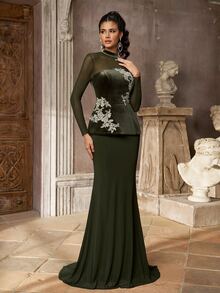 Aureia Dark Green Velvet & Mesh Applique Mermaid Evening Gown, High Neck Long Sleeve Sheer Dress With Train, Suitable For Prom, Party And Wedding - Dark Green - View 7
