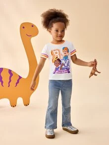 Blippi X SHEIN Young Girl Letter Print Short Sleeve Crew Neck T-Shirt - Orange - View 6
