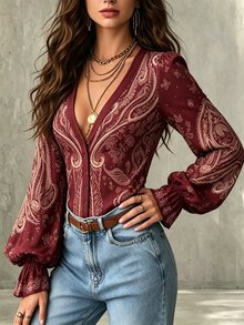 Glimmora Women's Spring/Autumn New Bohemian Style Vacation Print Deep V-Neck Button Decor Open Front Blouse With Cinched Waist And Extra Long Flared Sleeves - Burgundy - View 7