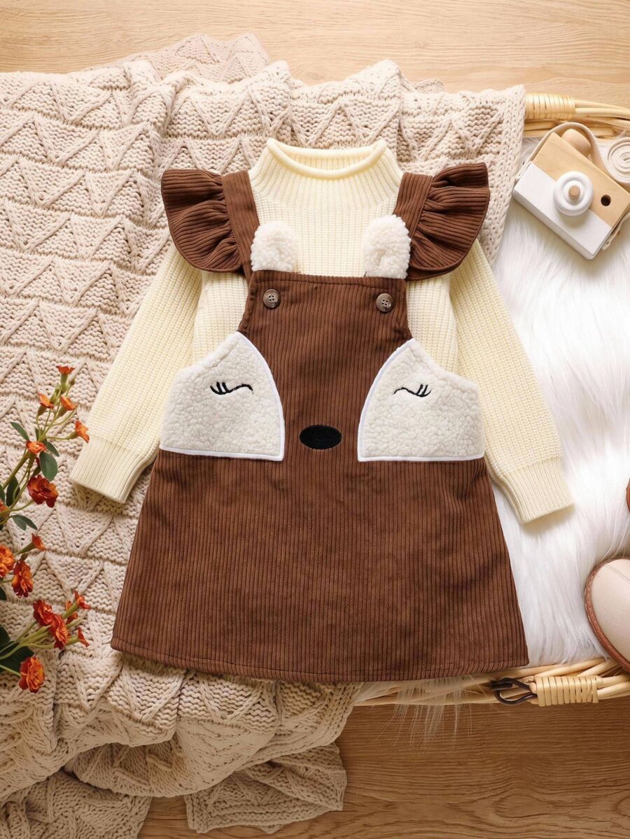 SHEIN Baby Girl Woven Colorblock Cute Deer Embroidery Pattern Corduroy Overall Dress - Multicolor - View 1