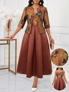 SHEIN Lady Women's Jacquard 3/4 Sleeve Open Front Cardigan And Camisole Dress Elegant 2 Pieces Set - Pink - View 1