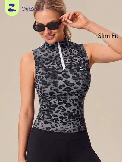 OutZeal Women Outdoor Tank Casual Gym Natural Soft Leopard Print Front Half Zip Non-Sleeve T-Shirt Summer