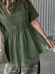 Dazy Plus Solid Color Contrast Mesh Doll Blouse Cute Pullover Short Sleeve T-Shirt Spring Summer Autumn - Green - View 1