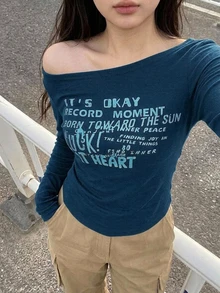 Dazy Plus 女童字母印花不對稱肩領休閒長袖棕色春秋季T恤 - 藏蓝色 - 查看 4