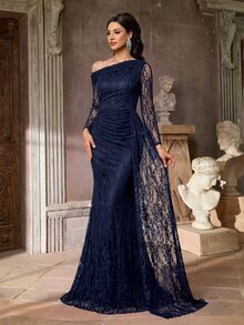 Aureia Rok Duyung Wanita dengan Lengan Transparan dan Detail Renda, Cocok untuk Acara Pernikahan, Pesta Lajang, Liburan, Prom, dan Gala Malam. - Navy Blue - View 5