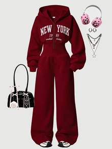 SHEIN 青少年女孩連身褲，酒紅色，休閒街頭風運動剪裁，日常穿著，時尚百搭，冬季舒適校園風 - 酒紅色 - 查看 3
