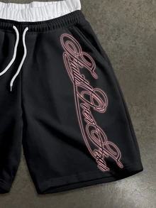 Manfinity ZONE917 American Retro Distressed Lip Print JUST Graffiti Pattern Black & White Short Batwing Sleeve T-Shirt & Double Waistband Short Sweatpants Set - White - View 2