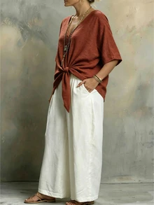 Weeklong Plus Size Casual Vacation Loose Hem V-Neck Short Shirt - Camel - View 8