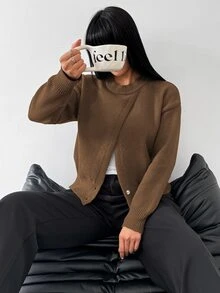 valorelle valorelle 灰色開衩長袖圓領不對稱下擺 精緻優雅設計 時尚休閒百搭極簡風 適合多種場合女款針織衫 - 咖啡棕 - 查看 3