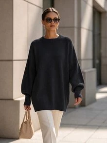 SHEIN 女款純色休閒百搭日常長袖針織衫 - 黑色 - 查看 3