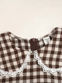 Tween女孩長袖格紋收腰蝴蝶結誇張領長洋裝 秋冬款 - 卡其色 - 查看 3