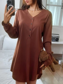 DAZY Women's Solid Color Button Half-Placket Long Sleeve Loungewear Dress - Coffee Brown - View 6