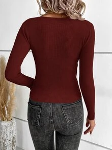 SHEIN Clasi V-Neck Crossed Wrap Solid Color Long Sleeve Sweater In Fall/Winter - Burgundy - View 2
