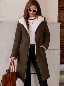 SHEIN Clasi 女款拉鍊連帽泰迪毛內裡絎縫外套 秋冬款 - 咖啡棕 - 查看 4