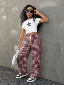 Summer For Tween Girls Kids Streetwear Basic Plaid Wide Leg Pants City Break Red And White Checkered Casual Streetwear Pants - Burgundy - View 5