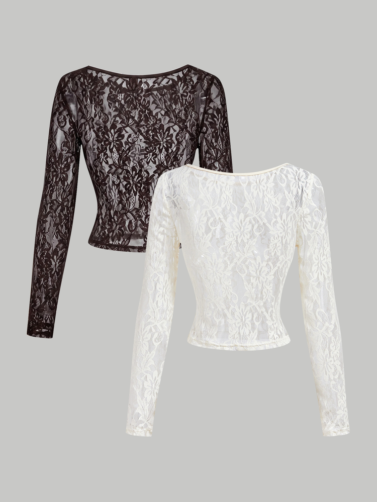 SHEIN MOD 2pcs Sheer Lace Long Sleeve T-Shirts - Apricot - View 2