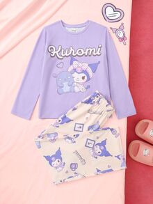 HELLO KITTY AND FRIENDS | SHEIN Tween Girl Letter Print Crew Neck Long Sleeve Top And Pants Loungewear Set - Purple - View 1