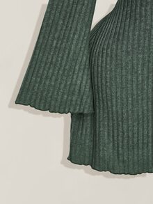 SHEIN ICON 女款秋冬復古極簡V領喇叭袖紋理羅紋黑色緊身洋裝 - 墨綠色 - 查看 7