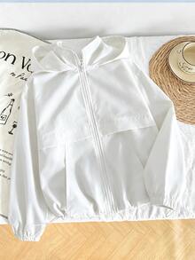SHEIN Kids Tween Girl Casual Street Style Hooded Zip-Up Autumn Winter Jacket With Pockets, Drawstring Hem, Long Sleeve, Woven Solid Color - White - View 3