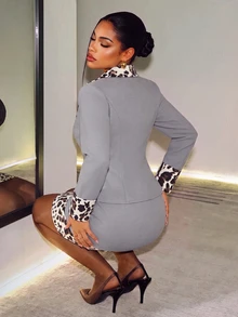 BamGleam Women's Elegant Patchwork Leopard Print Faux Fur A-Line Blazer + Bodycon Skirt - Grey - View 2