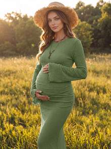 Boho Mama 圓領長袖素色百褶孕婦洋裝 秋季 - 淺藍色 - 查看 4