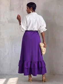 BamGlimmer Autumn/Winter Brown Skirt, Ruffle High Slit Design, Fashionable And Elegant, Suitable For Travel, Daily Wear, Shopping, Parties And Gatherings, Versatile For Commuting - Purple - View 2