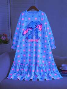 SHEIN Tween Girl 秋季/冬季休閒甜美蝴蝶結愛心卡通兔子印花寬鬆長版連帽套頭睡袍居家服淺藍色 - 淺藍色 - 查看 5