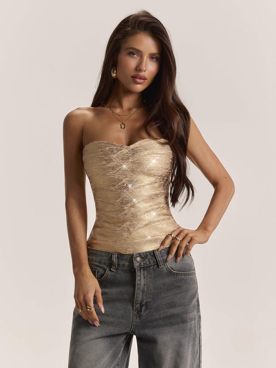 SHEIN BAE Fall Winter Gold Coated Bandage Strapless Slim Fit Sexy ...