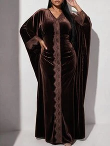 Veilorie Plus Size Women's Contrast Lace V-Neck Batwing Sleeve Elegant Dress - Brown - View 6
